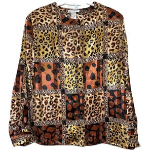 Vintage jaren 90 patchwork blouse met dierenprint en zijdeachtige luipaardketting top