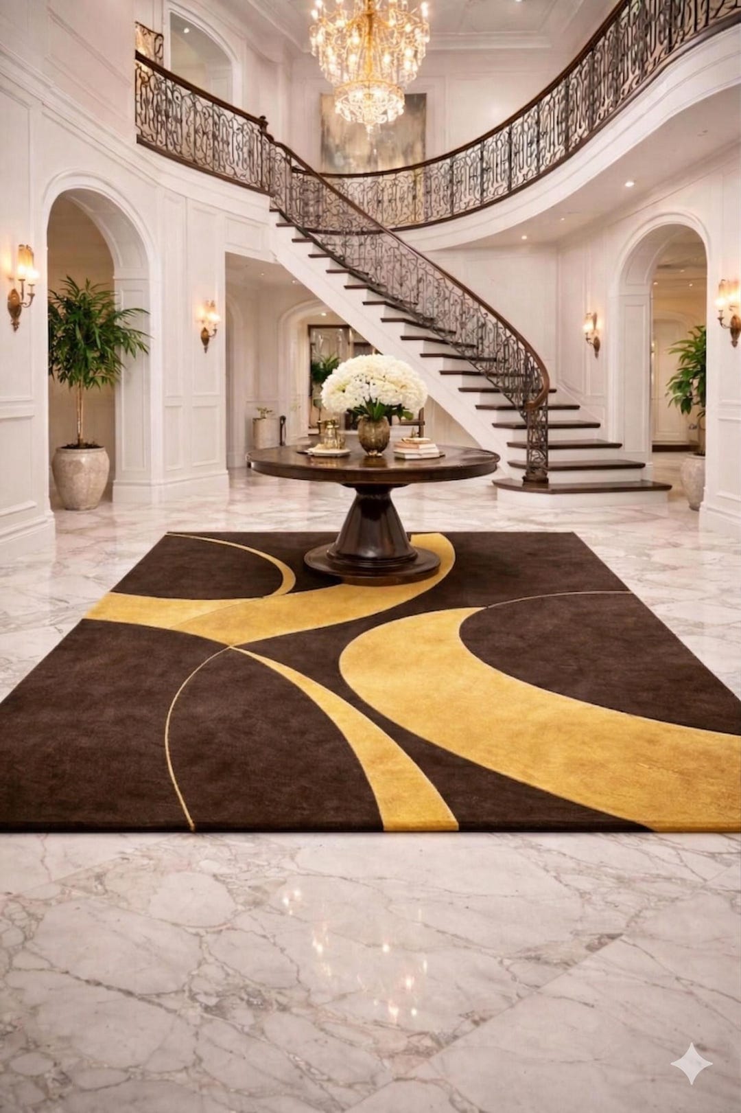 Abstract Coffee Brown and Gold Area Rug | Modern Geometric Amoeba Rug ...