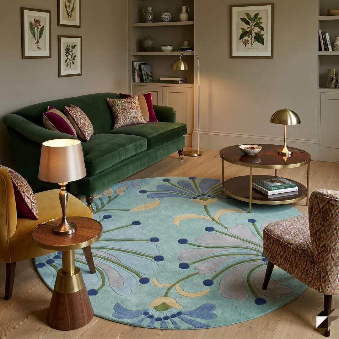 Round Floral Hand Tufted Rug - Blue and Sage Green Wool Area Carpet ...