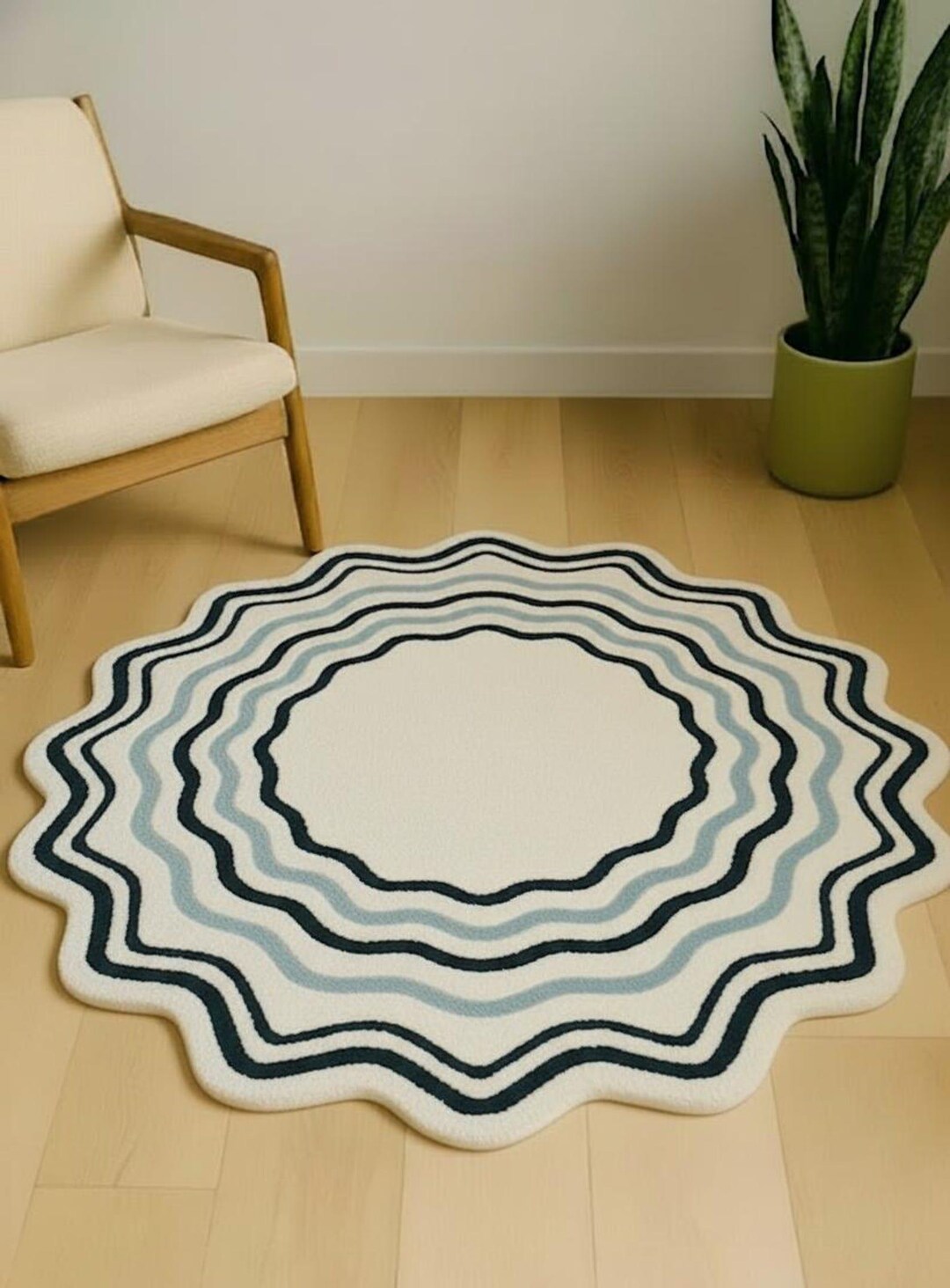 Large Scalloped Wavy Round Rug Modern Cream & Blue Circular Area Rug ...