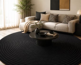 Modern Round Spiral Area Rug - Hand-Tufted Charcoal Grey Circular Carpet for Living Room - Textured Concentric Ripple Design - Luxury Home.