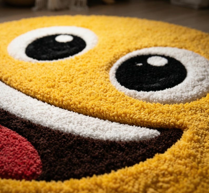 Round Smiley Face Emoji Rug Yellow Plush Nursery Carpet Hand-tufted ...