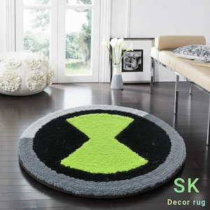May include: Circular rug featuring a black central design with a lime green hourglass shape, set against a grey border. The rug is placed on a dark wooden floor. The text "SK Decor rug" is visible.