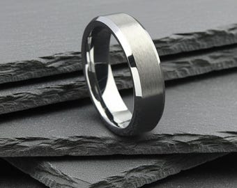 Men’s Silver Tungsten Ring, 6mm Brushed Bevelled Edge Band, Matt Finish Comfort Fit, Scratch Resistant Wedding Ring or Statement Ring