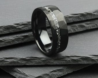 Men's Black Tungsten Ring, Meteorite Inlay, Comfort Fit, 8mm Band