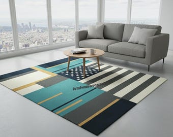 Modern handgetuft vloerkleed | Modern blauw, groenblauw en grijs tapijt | Stijlvol patriottisch interieur