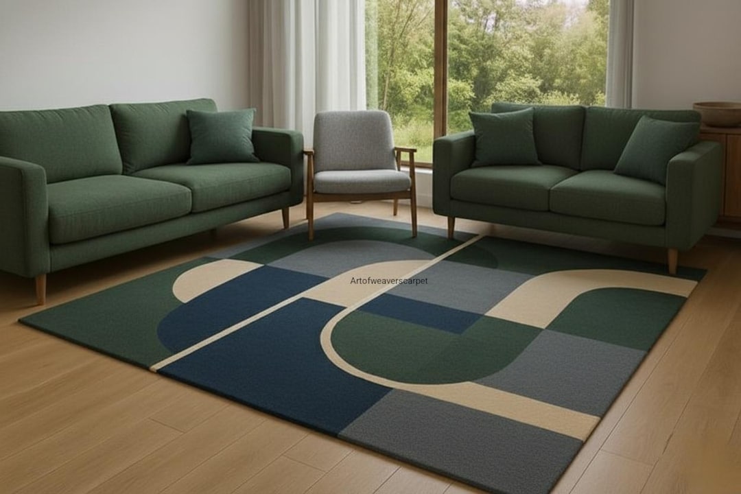 Modern Blue and Green Geometric Rug | Hand-tufted Abstract Carpet - Etsy