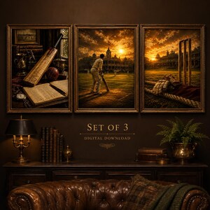 Vintage Cricket Triptych Wall Art: Willow Bat, Leather Ball, Stadium (Digital Download)