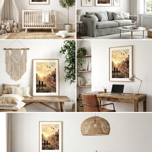 May include: Framed art print depicting two figures flying kites over a townscape. The artwork features warm tones, with a focus on the figures and the kites in the sky. The print is displayed in various interior settings.