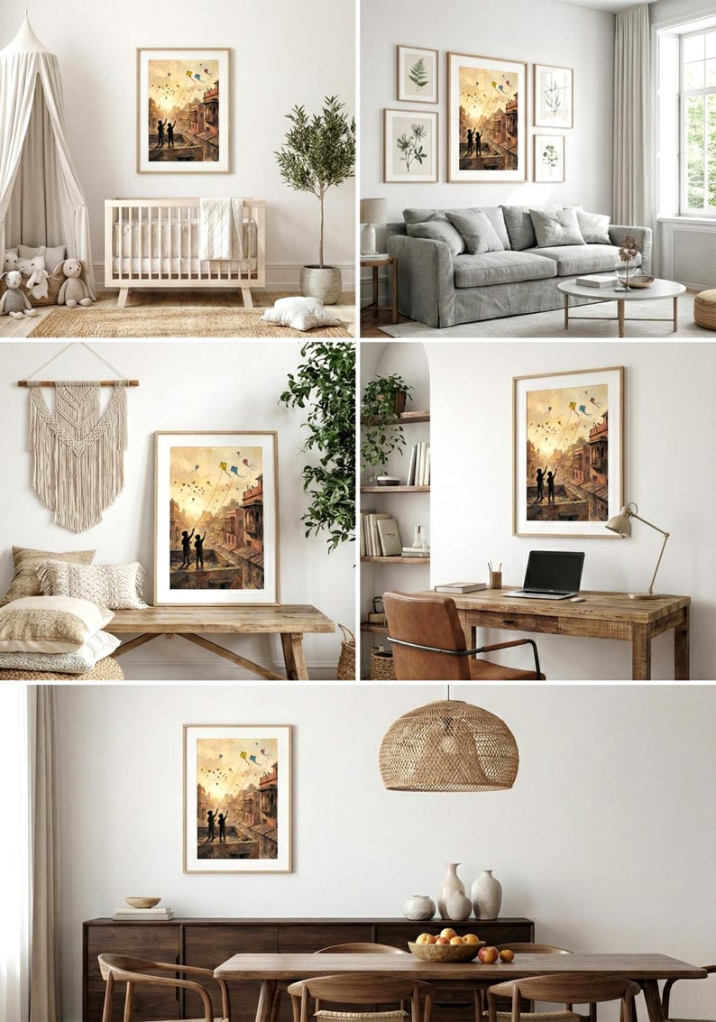 May include: Framed art print depicting two figures flying kites over a townscape. The artwork features warm tones, with a focus on the figures and the kites in the sky. The print is displayed in various interior settings.