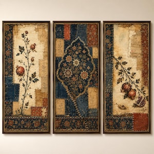 Trittico di melograni, stampa vintage con medaglione persiano, poster patchwork tessile (download digitale)