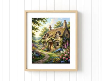 Cottage Garden Oil Painting Print, English Countryside Floral Landscape (Digital Download)