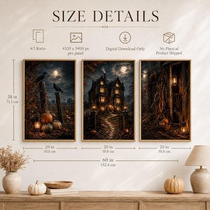 May include: A triptych of digital art prints featuring a dark, autumnal theme with ravens, pumpkins, and a gothic house under a full moon. The size details indicate each panel is 20 inches by 28 inches, totaling 60 inches by 28 inches in width.