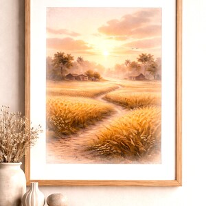 May include: A framed watercolor painting of a wheat field at sunset. The artwork features a path winding through golden wheat, leading to a distant village. The sky is filled with warm hues of orange and yellow, with a wooden frame.