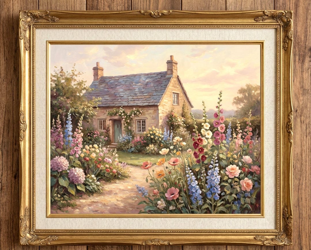 Cottage Garden House Wall Art Print, Romantic Floral Pathway Landscape ...