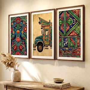 Gravuras de arte de caminhões paquistaneses, decoração tradicional indiana, ilustração de pavão (download digital)