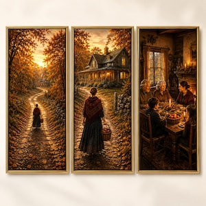 May include: A triptych wall art set featuring autumn scenes. The left panel shows a person walking down a leaf-covered path toward a house. The centre panel shows a person with a basket walking toward a cabin. The right panel depicts a family dining.