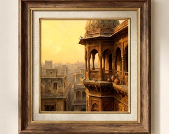 Golden Hour Islamic Balcony Print, Moody Cityscape Architecture Poster (Digital Download)