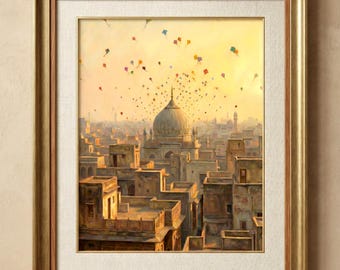 Vintage Kite Festival Cityscape Print, Golden Hour Old City Skyline Art (Digital Download)