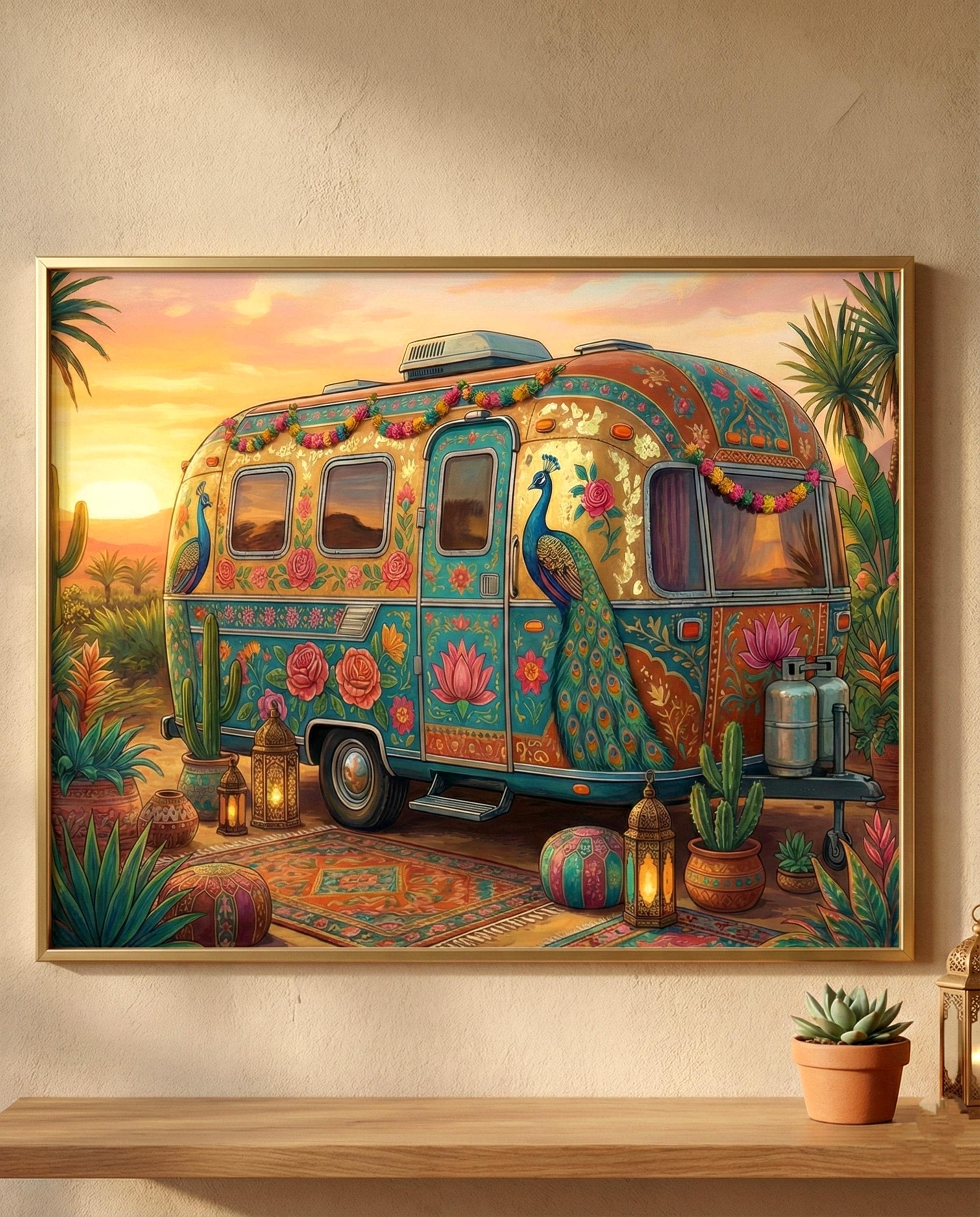 Boho Camper Van Art Print, Indian Truck Art, Peacock Caravan