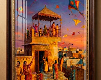 Impasto Kite Festival Print, Rooftop Scene, South Asian Village Art (Digital Download)