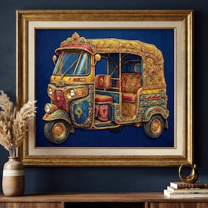 Impresión de rickshaw con arte de camión pakistaní, decoración desi en verde azulado y dorado (descarga digital)