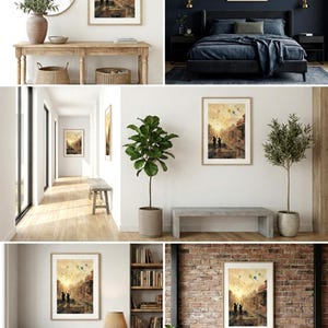 May include: A framed art print depicting two figures on a rooftop, releasing kites into a sunset sky. The artwork features a warm color palette with buildings and a street scene. The print is displayed in various interior settings.