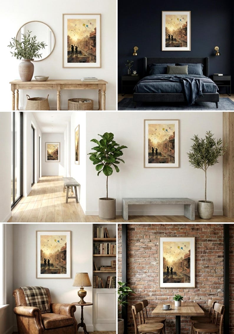 May include: A framed art print depicting two figures on a rooftop, releasing kites into a sunset sky. The artwork features a warm color palette with buildings and a street scene. The print is displayed in various interior settings.