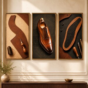 Set van 3 wanddecoraties met schoenmakersthema, printbare afbeeldingen voor leerbewerking, luxe decoratie voor een schoenmakerswerkplaats, digitale download