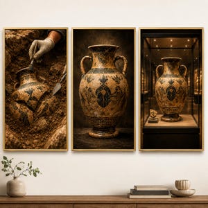 May include: A triptych wall art set featuring three framed prints. The first shows an archaeological excavation of a patterned ceramic vase. The second displays the restored vase. The third depicts the vase inside a museum display case.