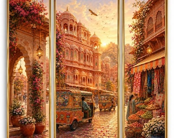 May include: A triptych wall art set depicting a vibrant Indian street scene at sunset. The panels feature ornate pink architecture, blooming bougainvillea, colorful auto-rickshaws on a cobblestone street, and a bustling market stall with fresh produce.