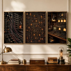 May include: A triptych of framed wall art prints featuring vintage electronic equipment. The left panel shows a patch bay with red cables, the center panel displays a glowing circuit board with vacuum tubes, and the right panel depicts a laboratory console.