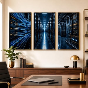 May include: A triptych wall art set featuring three vertical panels depicting a high-tech server room. The left panel shows blue network cables, the center panel displays a long corridor of server racks, and the right panel shows industrial equipment.