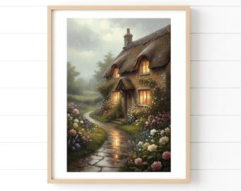 Rainy Cottage Art Print, English Countryside Painting (Digital Download)