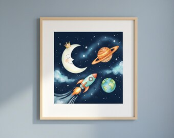 Aquarell Weltraum Kinderzimmer Kunstdruck Rakete, Mond, Planeten (Digitaler Download)