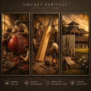 May include: A triptych wall art set titled CRICKET HERITAGE COLLECTION. The left panel shows artisans crafting a large cricket ball. The center panel depicts the carving of a wooden cricket bat. The right panel shows a cricket match at a stadium.
