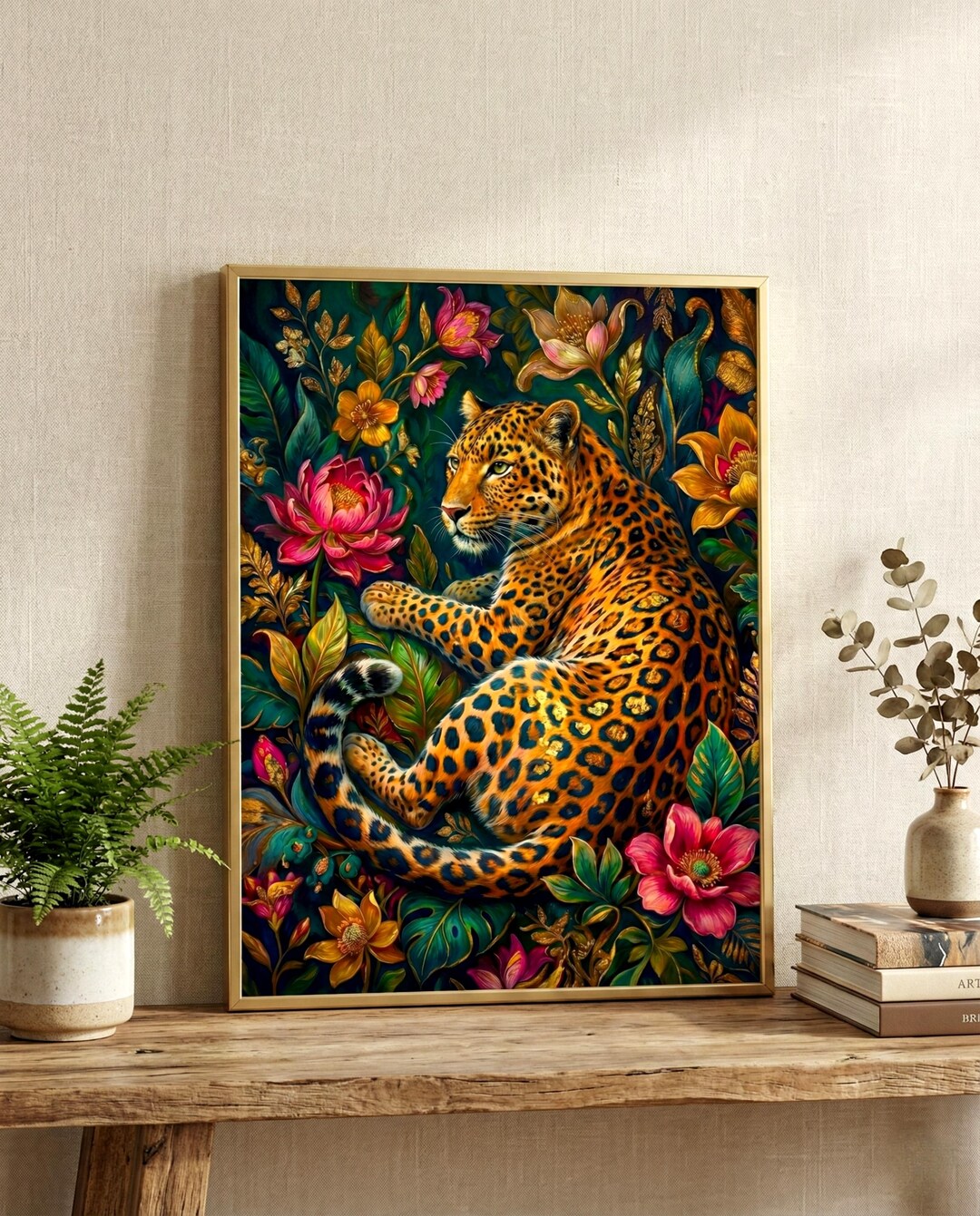 Leopard Floral Art Print, Maximalist Jungle Cat Painting (digital ...