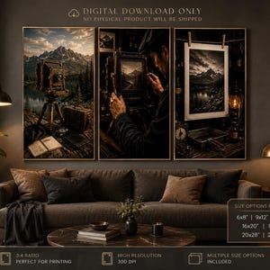 May include: A triptych of wall art prints featuring a vintage large format camera in a mountain landscape, a photographer operating a camera, and a darkroom scene with a hanging print. Text includes DIGITAL DOWNLOAD ONLY and size options.