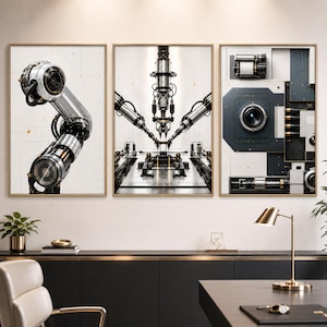 May include: A triptych of framed wall art featuring technical illustrations of industrial robotic machinery. The left panel shows a mechanical arm, the center displays a multi-axis assembly system, and the right depicts a complex camera lens module.