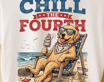 Chill The Fourth Out Golden Retriever Beach Dog PNG, Summer Dog 4th of July Beach, Vintage Retro American Flag (Digital download)