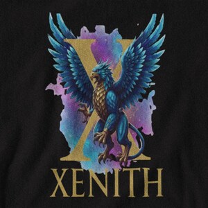 Diseño de camiseta de Grifo Místico: X dorada y nebulosa cósmica (PNG digital)