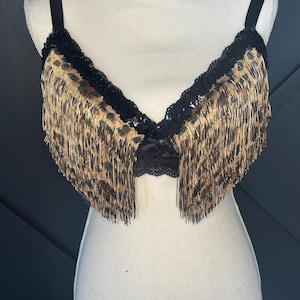 36 DD Leopard Print Fringe Burlesque Bra