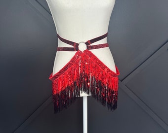 Red and Black Ombré Fringe Burlesque Skirt