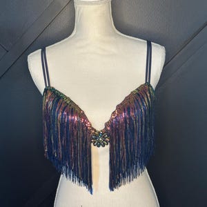 32 DD Navy Blue and Iridescent Fringe Burlesque Bra