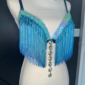 34 D Blue and Teal Fringe Burlesque Bra