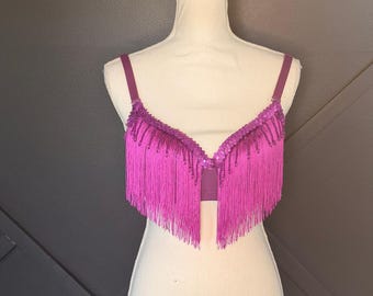 Sujetador burlesque magenta con flecos 36D / Top de sujetador de lentejuelas moradas para bailarinas / Disfraz de baile de cabaret / Disfraz para festivales y fiestas / Sujetador de danza del vientre