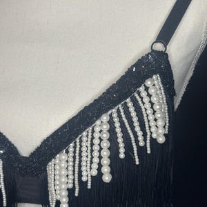 36 C Black Fringe Burlesque Bra with Pearls