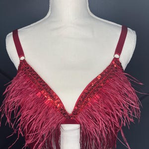 36 D Red Fringe and Feather Burlesque Bra