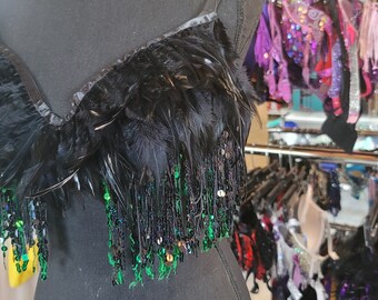 34DD Green and Black Fringe and Feather Bra