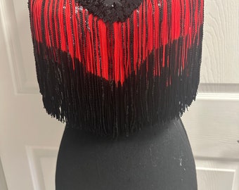 38B Red and Black Ombré Fringe Burlesque Bra with a Black Sequin Trim